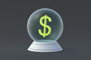 Dollar sign in magic glass sphere. 3d render