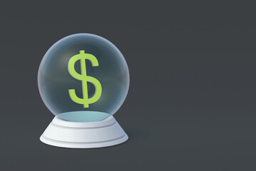 Forecasting the exchange rate. Dream concept. Magic Discounts. Prediction of budget. Divination for wealth. Attracting money. Dollar sign in magic glass sphere. Copy space. 3d render