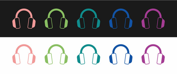 Set Headphones icon isolated on black and white background. Earphones. Concept for listening to music, service, communication and operator. Vector