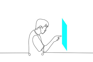 man pokes finger at blue flat screen hanging in air in front of him - one line drawing vector. virtual reality concept, visualization of infographics or touchpad control panel