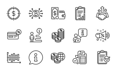 Finance icons set. Included icon as Bill accounting, Deal, Survey checklist signs. Dollar target, Diagram chart, World money symbols. Sale megaphone, Bitcoin system, Checklist. Cashback. Vector