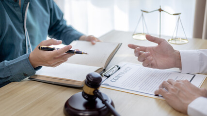 Attorney or judge provides legal advice to the client in the courtroom, Ethics in the courts include justice and impartiality, legal consultant, scales of justice, law hammer, Litigation and justice.