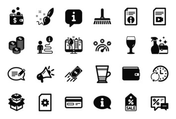 Vector Set of simple icons related to Update time, Beer glass and Packing boxes icons. Correct answer, Double latte and Technical info signs. Fast payment, Information and Message. Coins. Vector