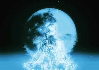 月の光を浴びて瞑想する女性のイラスト