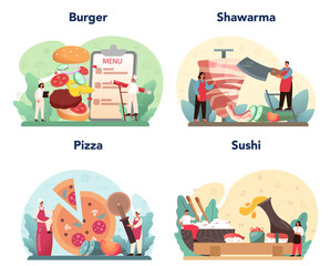 Fast food catering set. Hamburger, shawarma, pizza and sushi. Collection of man