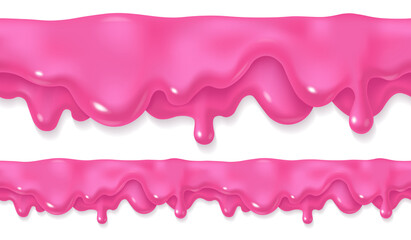 Pink icing or syrup drip. Sweet glaze drop design. Realistic 3d horizontal leaking saucedripping. Horizontal border element isolated on white background. Edge decoration