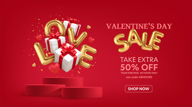 3D Valentines Day gift boxes with red bows. Gold word Love 3D realistic on the background gift boxes isolated on white background. Vector illustration