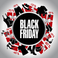 Affiche pour annoncer le Black Friday illustrée d’une farandole de cadeaux, de vêtements et de pourcentages de réduction.