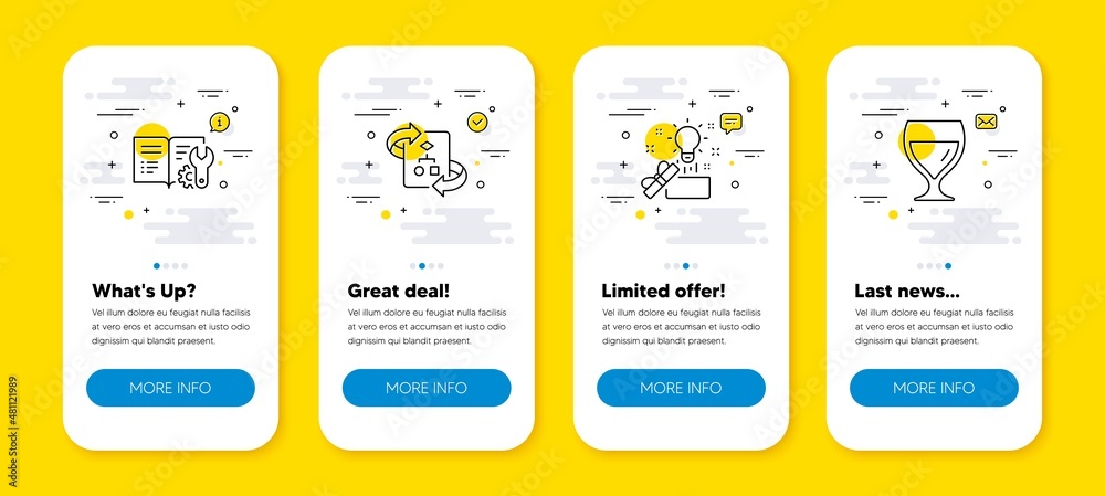 Poster vector set of engineering documentation, technical algorithm and creative idea line icons set. ui ph