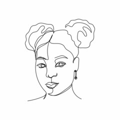 Continuous one simple single abstract line drawing of beautiful woman face icon in silhouette on a white background. Linear stylized.