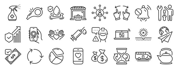 Set of Business icons, such as Teapot, Paper plane, Networking icons. Online market, Pie chart, Coins bags signs. Award app, Builder warning, Hold heart. Bus tour, Accepted payment, No sun. Vector