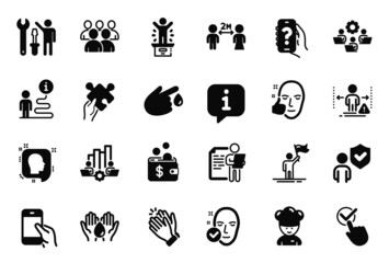 Vector Set of People icons related to Checkbox, Safe water and Leadership icons. Security, Repairman and Group signs. Cooking chef, Teamwork and Healthy face. Clapping hands, Head and Puzzle. Vector
