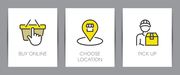 Buy online, choose location collection and pick up order. Shopping online concept. Web page template. Metaphors with icons.