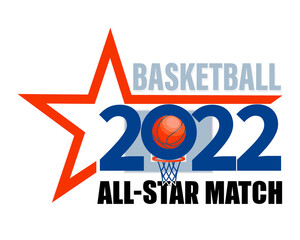 Star match. Basketball game, competition. Emblem design with star, basketball net for a tshirt, scarf, attributes for basketball fans on a light background. Vector illustration