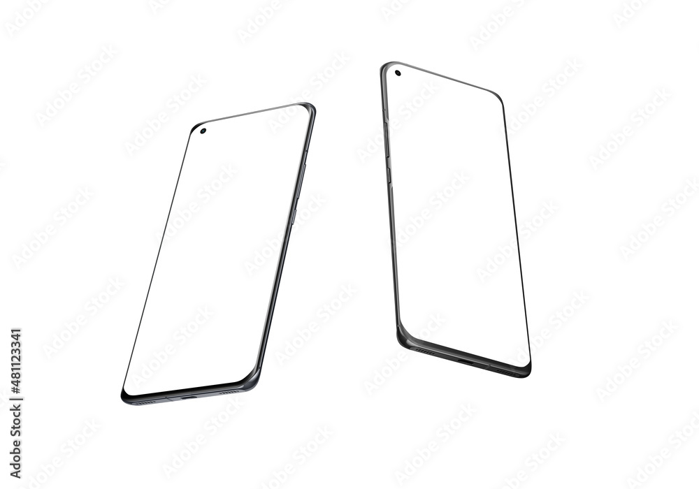 Poster Two isolated smart phones in isometric, fly, drop position. Isolated display for mockup. Modern phone with thin, round edges and camera under display