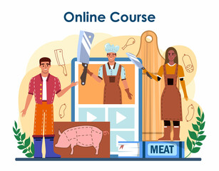 Butcher or meatman online service or platform. Fresh meat and semi-finished