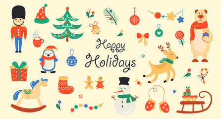 Set of New Year and Christmas characters and elements. Ideal for designs and stickers. Vector illustration on a beige background.