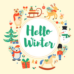 New year banner with winter characters, elements and lettering. Vector illustration.