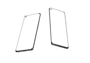 Two isolated smart phones in isometric, fly, drop position. Isolated display for mockup. Modern phone with thin, round edges and camera under display