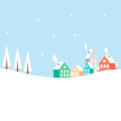 Obraz na płótnie Canvas Christmas landscape with cute houses, forest and snowfall. New Year background picture. Vector illustration.
