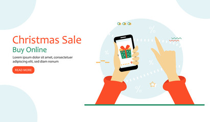Landing page template. Christmas shopping online. Person holding smartphone with open internet application for e-purchasing. Vector illustration. 