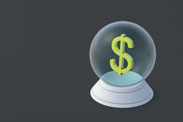 Divination for wealth. Attracting money. Forecasting the exchange rate. Dream concept. Magic Discounts. Prediction of budget. Dollar sign in magic glass sphere. Copy space. 3d render