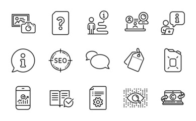 Technology icons set. Included icon as Unknown file, Technical documentation, Video conference signs. Sale tags, Photo camera, Canister oil symbols. Artificial intelligence, Seo, Messenger. Vector