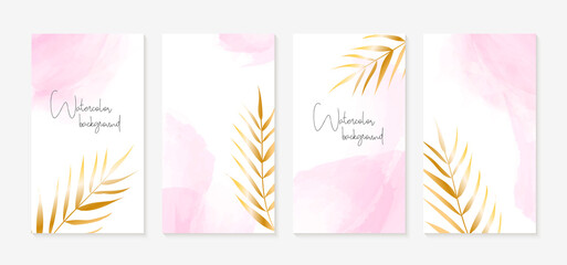 Instagram stories templates. Vector set of vertical abstract trendy backgrounds with golden palm leaves and pink watercolor spots. For social media stories