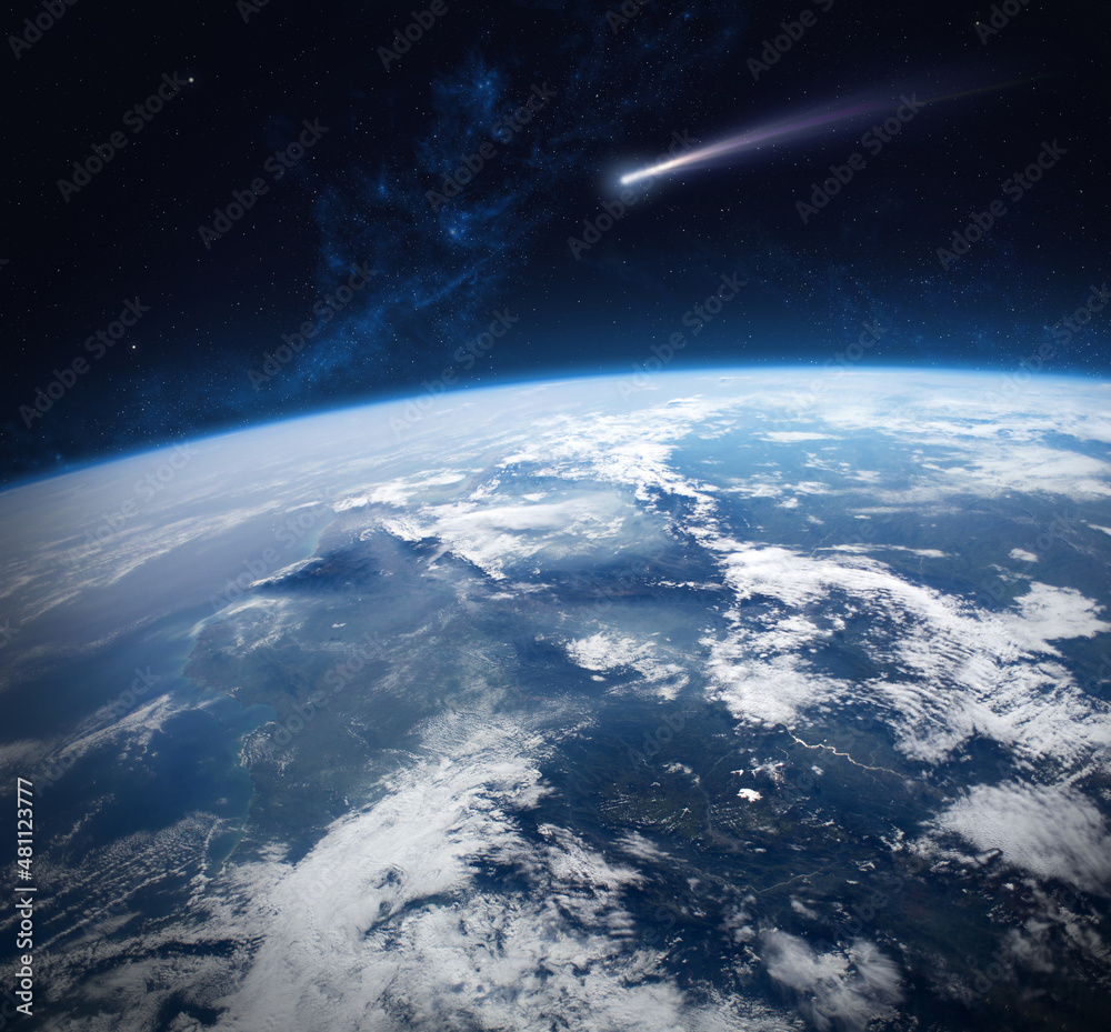Sticker comet and earth. elements of this image are furnished by nasa.