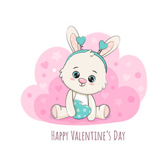 Cute cartoon bunny illustration for valentine's day card design.Vector
