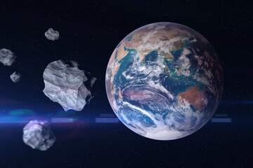 Asteroids near planet Earth. Elements of this image are furnished by NASA.