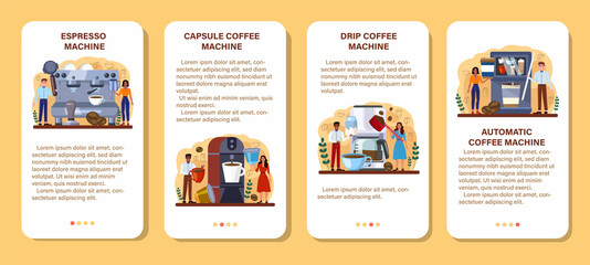 Fototapeta na wymiar Coffee machine mobile application banner set. Barista making a cup