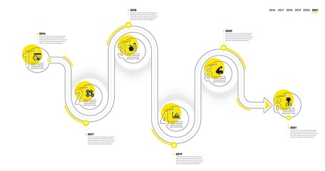 Gym Infographic timeline with 6 steps. Sport process diagram with Exercise schedule, Exercise analysis, Strong muscle arm and Goal target icons. Timeline infograph diagram. Vector