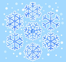 Blue snowflakes with white outline. symmetrical shapes. Stars isolated on a blue background. Flicker effect.