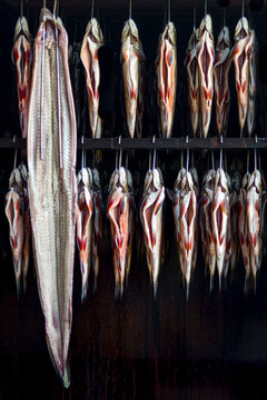 Fische h&auml;ngen im R&auml;ucherofen