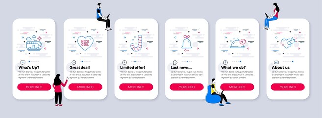 Naklejka premium Vector Set of Holidays icons related to Nice girl, Romantic dinner and Candy icons. UI phone app screens with teamwork. Bus travel, Bell and Love message line symbols. Vector