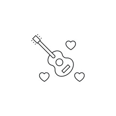 Romance and love concept. Outline sign drawn in flat style. Line icon of acoustic guitar surrounded by hearts