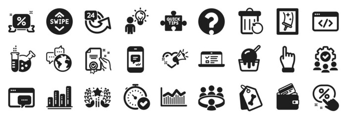 Set of Business icons, such as 24 hours, Web lectures, World communication icons. Seo message, Discount button, Recovery trash signs. Certificate, Quick tips, Chemistry lab. Graph chart. Vector