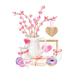 Watercolor Valentine's day arrangement. Hand drawn cute romantic composition with pitcher, donuts, branches, hearts, picture frame isolated on white background. Cute illustration for 14 february