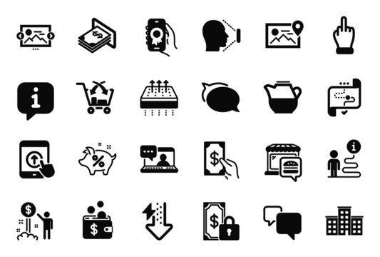 Vector Set of simple icons related to Speech bubble, Photo location and Receive money icons. Income money, Energy drops and Award app signs. Talk bubble, Milk jug and Target path. Company. Vector