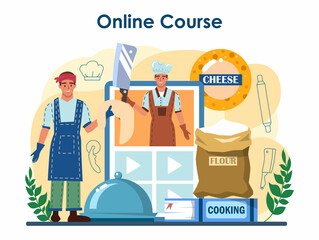 Pizzeria online service or platform. Chef cooking tasty delicious pizza