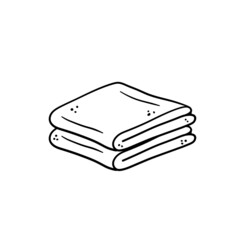 Folded towel or cloth. Packed neat clothes. Stack of fabric. Line drawing. Isolated cartoon black and white illustration.