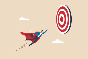 Goal achievement, challenge or mission to win and achieve success target, leadership, motivation and skill to reach work objective concept, businessman superhero flying fast through business target. © Nuthawut