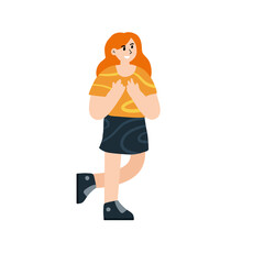 Female character walks and gestures. Young girl. Redhead Woman walks. Trendy flat cartoon illustration