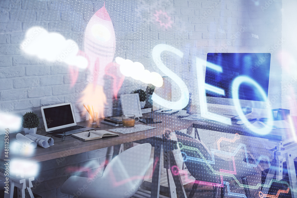 Poster double exposure of seo drawing and office interior background. concept of search optimization engine