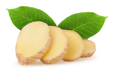 Fresh ginger ring slice with green leaf