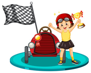 Winner girl holding trophy standing in front of race car