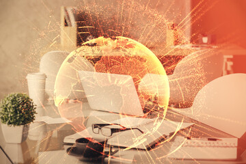 Double exposure of social network theme drawing and office interior background. Concept of web.