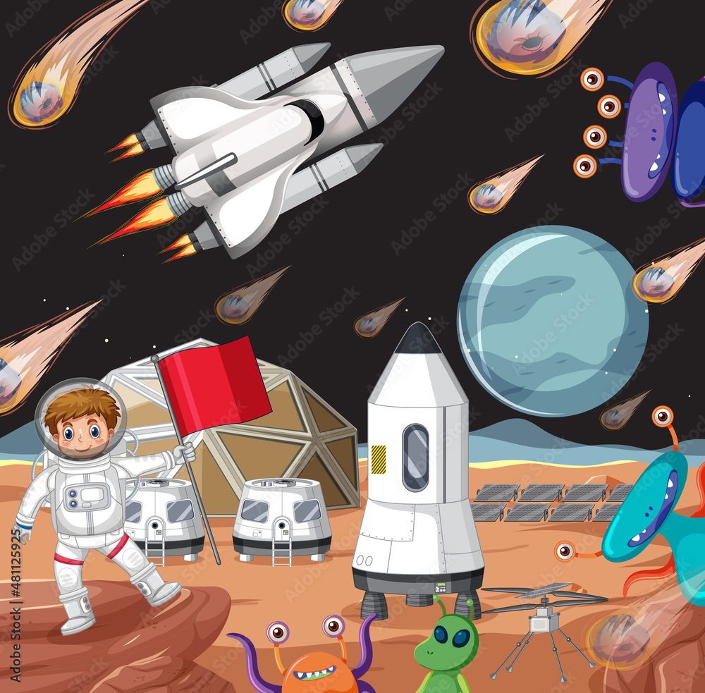 Canvas Prints outer space scene with astonaut and alien in cartoon style