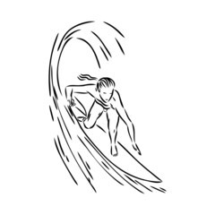 Surfer in wave brush ink sketch handdrawn serigraphy print